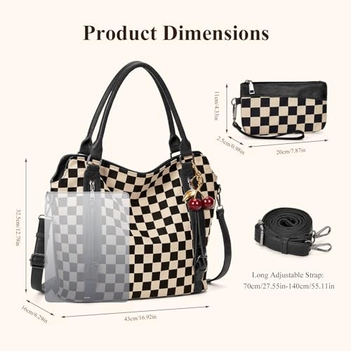 Checkered Tote Bag Large Checkered Purses for Women Plaid Hobo Shoulder Bag Multiple Pockets Tote Handbags - color: C02-black With Cherry