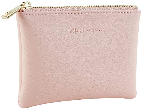 Chelmon Vegan Leather Coin Purse Pouch Change Purse With Zipper For Men Women - color: Pink Lotus