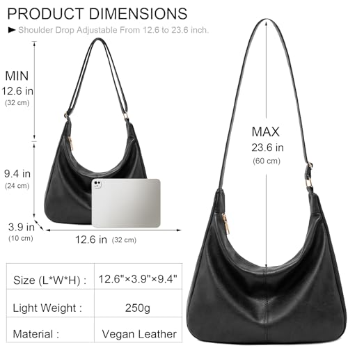 Hobo Bags for Women Foldable Shoulder Handbag CrossBody Purse | Adjustable Strap, 6 organized pockets, Crescent Tote Bag, Cute Slouchy Underarm Bag, Fits 12.9" iPad Pro - color: Black