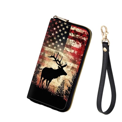 Women's RFID Blocking Zip Around Wallet with Detachable Wrist Strap – Large Capacity Leather Clutch Purse for Travel & Daily Use,American Flag Deer - color: American Flag Deer, size: Wallet-A