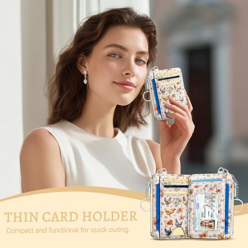 Kelvoris Credit Card Holder Small Wallet Women, Slim RFID, Chicken Rooster | Keychain, Zipper Coin Pocket, Front Pocket Thin Travel Card Case, Minimalist, 6 Card Slots, 1 ID Window, Ladies Gifts Woman - color: Chicken