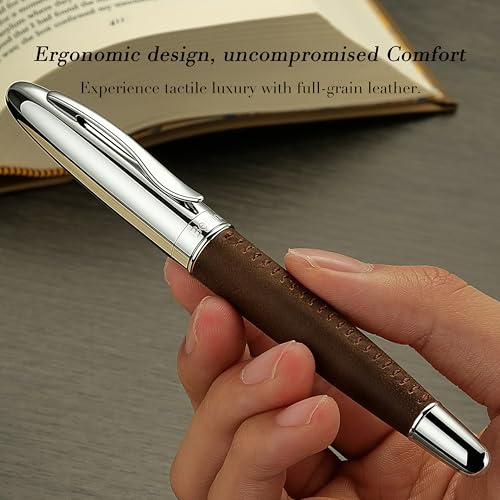 BEILUNER 318 Luxury Leather Pen, Full Grain Oil Tan Crazy Horse Cowhide Leather, Chrome-Plated Finish, Smooth Black Ink Refill, Best Rollerball Gift for Men & Women,Executive, Professional, Nice Pens - color: Crazy Horse Cowhide Leather