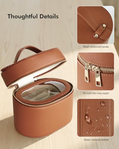 Prite 2 Pcs Makeup Bag Set Travel Cosmetic Case with Clear Pouch for Women | Removable Divider, Vanity Case, Waterproof, Vegan Leather, Elastic Slot, Dual Zipper, Structured, Easy Clean - color: Brown