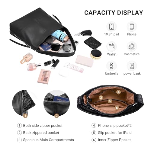 Genuine Leather Hobo Bags for Women Crossbody Purses Work Tote Bag Designer Shoulder Handbags with 2 Straps - color: Black