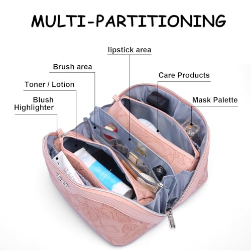 BOYATU Travel Makeup Bags Cosmetic Organizer Bag: 3-Set Make up Bag | Large Capacity PU Leather Toiletry Bags for Women - Wide Open Portable Pouch with Divider & Handle(01-Z-Pink) - color: 01-Z-Pink