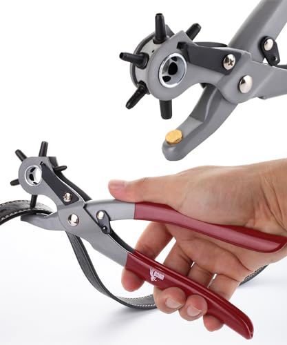 UNCO Leather Punch Tool with Multi-Hole Sizes, Belt & Leather Puncher - color: Red