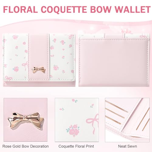 Cute Coquette Bow Small Wallet for Women Girls | Mini Wallet, 7 Card Slots, ID Window, Cash Slot - color: PINK