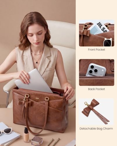 LOVEVOOK Laptop Tote Bag for Women,Leather Work Computer Briefcase Bag - color: Retro Brown-2, size: 15.6 inch