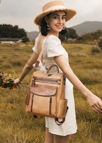Backpack Purse for Women Fashion Leather Backpack Purse Designer Travel Backpack Convertible Shoulder Bag with Wristlet - color: 2-6 Camel With Brown