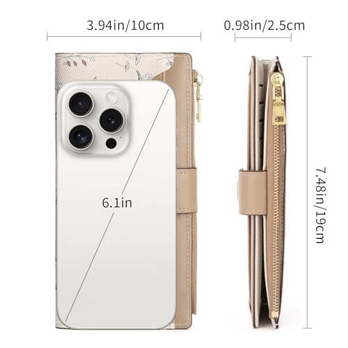 GAEKEAO Womens Wallet Slim Thin RFID Blocking Floral Vegan Leather Card Holder Bifold Long Ladies Wallet with Zipper Pocket - color: Khaki