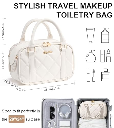 Bagstellar Travel Makeup Bag, Large Capacity Quilted Toiletry Bag for Women Stand-up Cosmetic Bag Open Flat Make Up Case Organizer Portable Pouch Purse w/Handle for Traveling Accessories Ivory White - color: Off-White