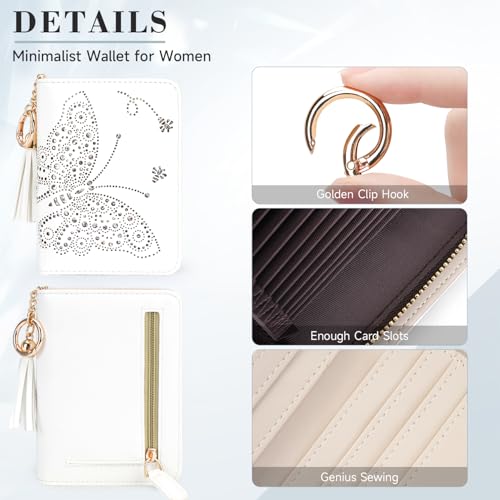 KITEVIUN Women RFID Blocking Small Bifold Wallet, Compact Cash Clutch with Zipper Coin Pocket, Glittery Butterfly Design, Credit Card Holder, Travel Purse with Tassel WHITE - color: 01-WHITE