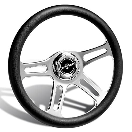 W-Power, 14" Universal 350mm 6 Bolt Hole Vintage Style with Aluminum Polished Special Black Leather Grip Steering Wheel, Black Horn Button, Chrome 4-Spoke