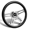 W-Power, 14" Universal 350mm 6 Bolt Hole Vintage Style with Aluminum Polished Special Black Leather Grip Steering Wheel, Black Horn Button, Chrome 4-Spoke