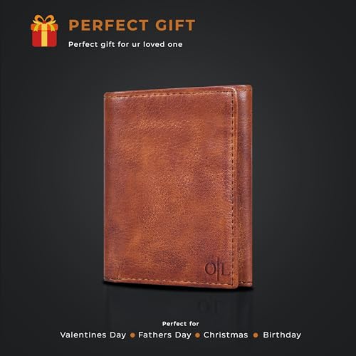 Trifold Leather Wallet for Men - RFID Slim Minimalist Front Pocket 6 Slots - color: Wash Tan