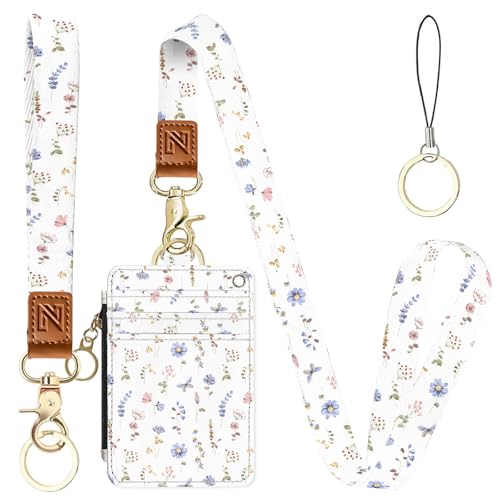 2-in-1 ID Badge Holder & Lanyard Wallet，Cute Zippered Pouch White Flowers 2 | for Teachers,Nurse,Professionals，Removable Wristlet & Neck Lanyard,5 Card Slots Stylish Work Essential - color: White Flowers 2