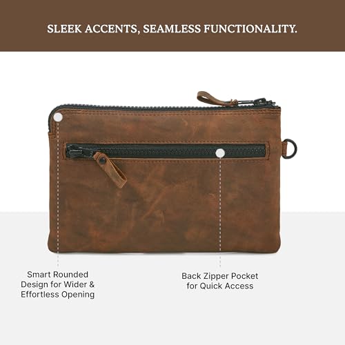 Leather Wristlet Wallet for Women Clutch Handbag Purse with Cell Phone Slot | Genuine Top Grain Leather, 8 Credit Card Slots, Detachable Strap, YKK Zipper, Gifts for Women - color: Cognac Crazy Horse