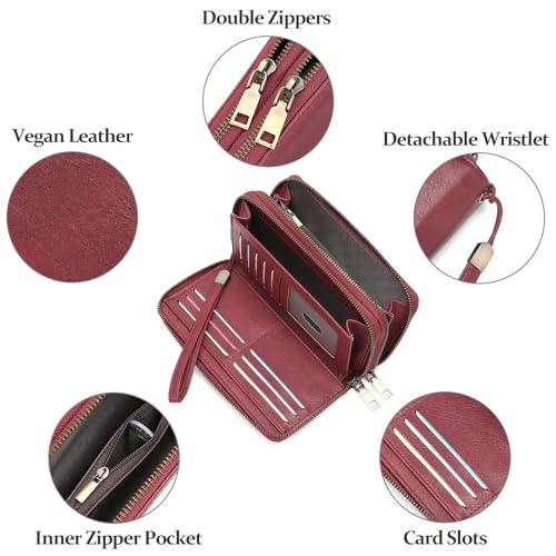 GOIACII Wristlet Wallets for Women 2 Zip Around Ladies Clutch Red - color: Red
