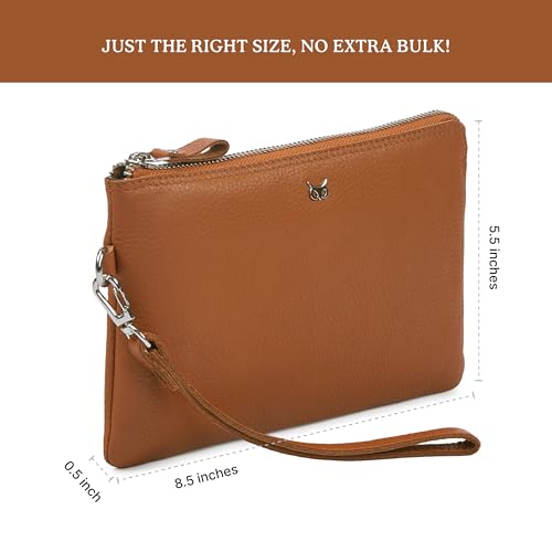 Leather Wristlet Wallet for Women Clutch Handbag Purse with Cell Phone Slot | Genuine Top Grain Leather, 8 Credit Card Slots, Detachable Strap, YKK Zipper, Gifts for Women - color: Cognac Nappa