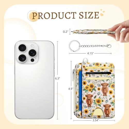 Kelvoris Credit Card Holder Small Wallet Women, Slim RFID, Highland Cow | Keychain, Zipper Coin Pocket, Front Pocket Thin Travel Card Case, Minimalist, 6 Card Slots, 1 ID Window, Ladies Gifts Woman - color: Cow