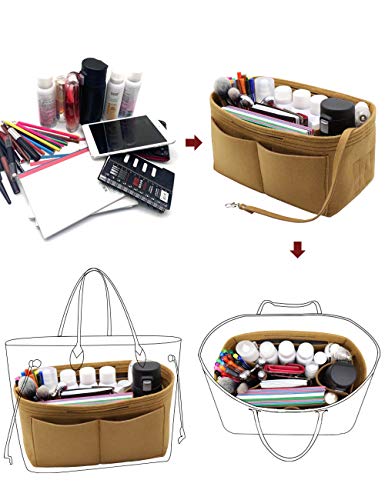 LEXSION Felt Purse Organizer Insert Zipper Pocket with Two Removeable Bottle Holder - color: Brown, size: Large