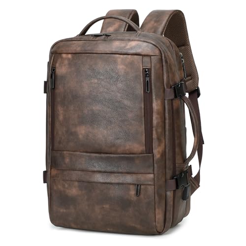 Travel Backpack for Men Women, Carry On Backpack Flight Approved, Coffee | PU Leather, 40L, Expandable, Laptop Compartment, Personal Item Travel Bag, for Traveling Weekender Business - color: Coffee