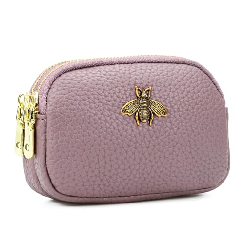 WOZEAH Leather Coin Purse for Women Small 2 Zipper Change Wallet with Key Ring Card Key Coin Cash Holder Pouch(Purple) - color: Purple