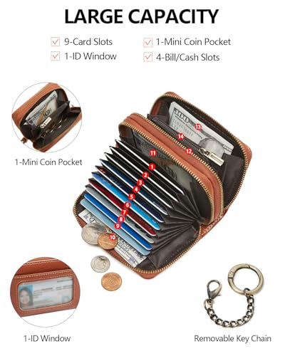 TFKGS Credit Card Holder for Women RFID Wallet Leather Womens Wallet with Zipper Blocking Keychain Card Accordion Wallets Gifts for Women Brown - color: 1-Brown