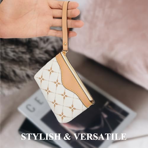 Printed Coin Purse with Key Chain & Finger Loop for Women (White) | Water-resistant faux leather change purse, sturdy zipper & metal hook holds coins, cards & keys for daily use, travel & gift - color: White