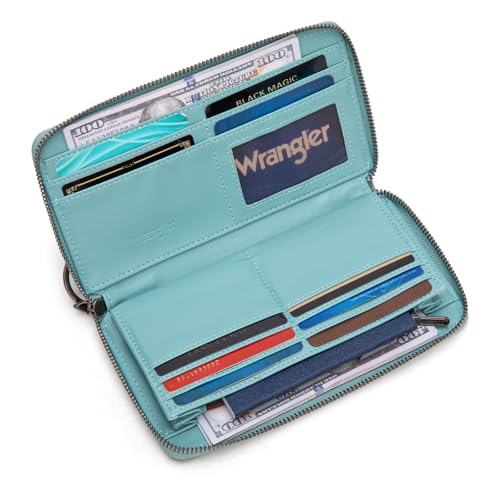 Wrangler Large Wristlet Wallet Women Daisy Wallets, Card Cases & Money Organizers Bifold Keychain Wallets Credit Card Phone Clutch Wallet Ladies Female with Smooth Zipper and ID Window - color: Daisy-Jeans Blue