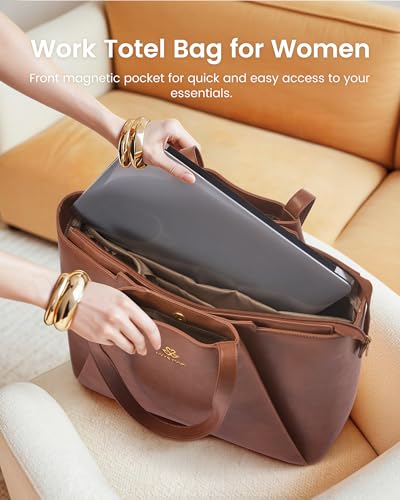 LOVEVOOK Laptop Tote for Women - 15.6 Inch Faux Leather Laptop Bag with Clutch, Large Capacity Office Purse Computer - color: Yellow & Brown, size: 15.6 inch