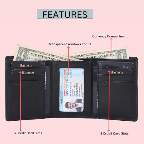 Men’s Trifold Leather Wallet with Deer Emboss & Red Accent Trim | Full-Grain Nappa Leather | RFID Blocking Slim Card Holder | Gift for Husband, Dad, Boyfriend - style: Red Edge Deer