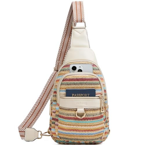 cakang Womens Sling Bag Crossbody Bags for Women Vegan Leather Sling Backpack Daypack Fanny Pack Crossbody Purse Travel - color: 7-rainbow Weaving-white
