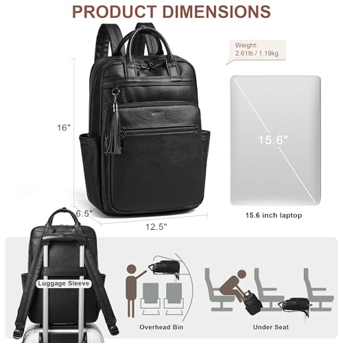 Laptop Backpack for Women 15.6 inch Travel Leather Backpack Purse Work Computer Backpacks for Business College Black - color: Black