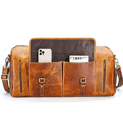 KomalC Leather Duffle Bag for Men & Women, Travel Holdall Gym Sports Bag - color: Tan, size: 24 Inch