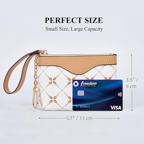 Printed Coin Purse with Key Chain & Finger Loop for Women (White) | Water-resistant faux leather change purse, sturdy zipper & metal hook holds coins, cards & keys for daily use, travel & gift - color: White
