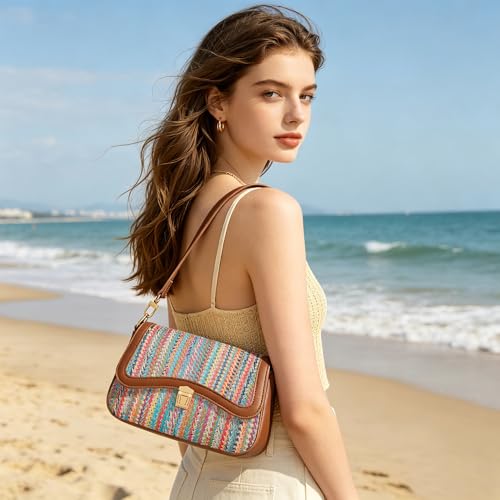 KKXIU Small Shoulder Bag for Women Cute Hobo Handbags Mini Clutch Purses | Classic Trendy Retro Underarm Crossbody Bag with Detachable Straps, Zipper Closure - color: Straw Weave-colorful