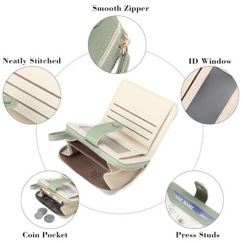 GAEKEAO Womens Wallet Slim Thin RFID Blocking Floral Leather Card Holder Bifold Long Ladies Wallet with Zipper Pocket - color: B04-Green & White