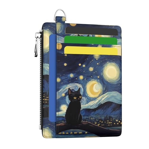 Hancynir Black Cat Slim Wallet Women Credit Card Holder, RFID Small Cute | Zipper Pocket Wallet, Thin Travel Coin Purse, Ladies Women Gifts, Minimalist Card Case, 6 Card Slots, ID Window, PU Leather - color: Black Cat Starry Night