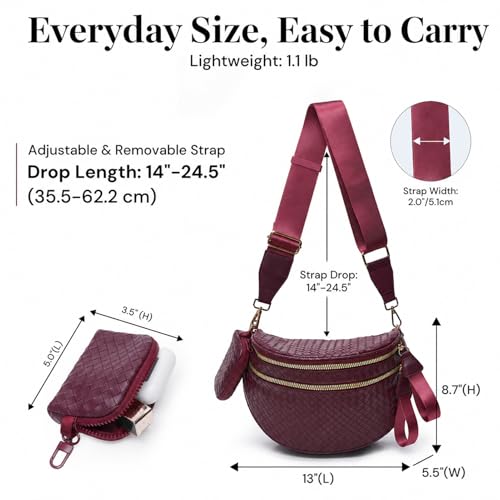 Woven Vegan Leather Bum Bag for Women, Crossbody Fanny Pack with Coin Purse | Removable 2-inch-wide strap adjusts to a 14–24.5-inch drop; dual zip compartments, reinforced hardware, 1.1-lb design - color: Burgundy
