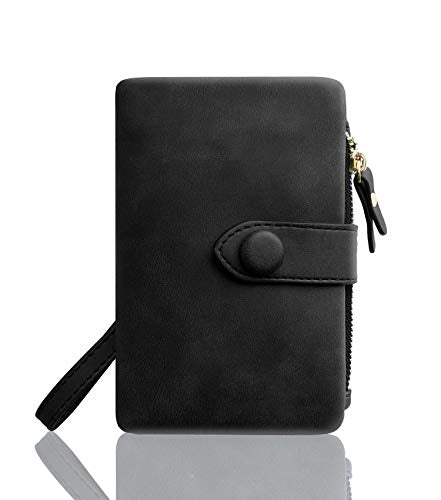 AOXONEL Women's Small Bifold Leather wallet Rfid blocking Ladies Wristlet with Card holder id window Coin Purse - color: Black