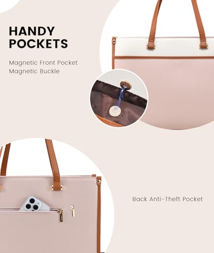 LOVEVOOK Laptop Tote Bag Women 2-in-1 Work Purse Computer Briefcase Handbag | Envelope Wristlet Clutch, Professional Work Bag for Business Office Teacher College Commute, Large PU Leather Messenger Bag - color: Beige-coffee-pink, size: 15.6 inch