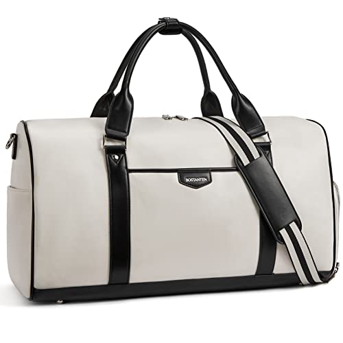 BOSTANTEN Weekender Bags for Women Leather Duffle Large Travel Bag Carry On Duffel with Shoe Compartment | Laptop& Shoe Compartment, Trolley Sleeve, Fits Under-seat, Airline-Friendly Carry-on Size, Weekend Getaways, Travel, Business - color: White & Black