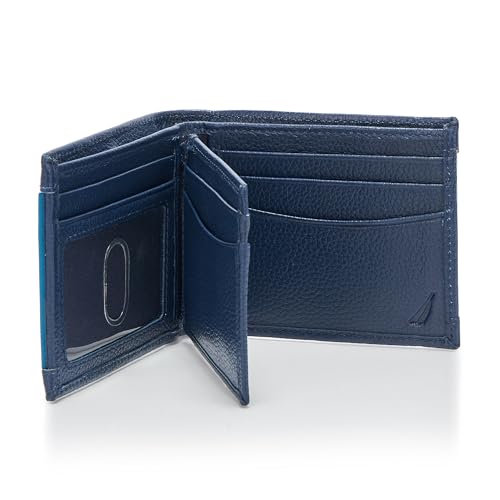 Nautica Men's Bifold Leather Wallet | RFID Blocking | ID Window | Card Slots | Organization | Durable | Stylish - color: Rubber/Leather - Navy