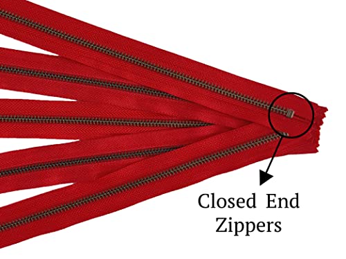 Antique Brass Metal Zippers in Red - #5 Closed-end Zippers - 14 Inch - Set of 5 Pieces by Craftbot - color: Red - Antique, size: 14 inch - 5 pc