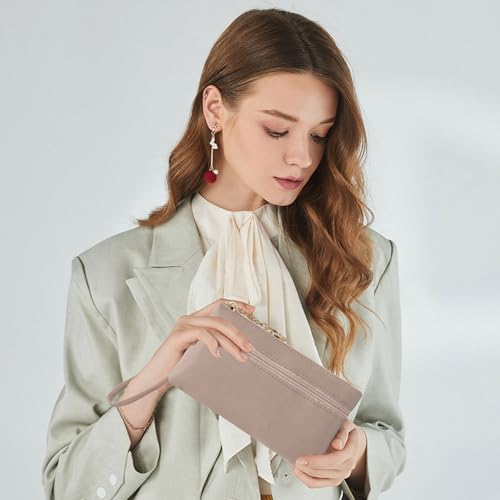 LJCZKA Leather Wristlet Wallet for Women Men Large Capacity Clutch Handbags Purses Long Cellphone Credit Card Holder Pocket Bag with Wrist Strap, Keychain (Nude) - color: Nude