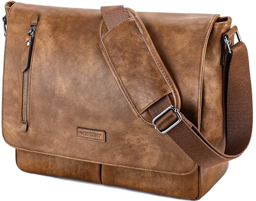 VX VONXURY Messenger Bag for Men, PU Leather Laptop Briefcase Bag for Work | Shoulder Bag for Office, Fits 14" Laptop, Vintage Satchel Bag with Padded Shoulder Strap, Padded Laptop Sleeve, Waterproof - color: 14 Inch Brown