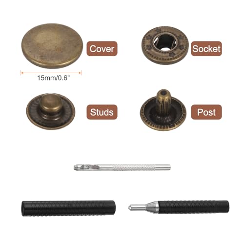 HARFINGTON 25 Set Leather Snap Fasteners Kit 15mm Metal Snap Button Press Studs Leather Rivets Snaps with 3 Setter Tools for Clothes Jackets Jeans Wears Bags, Bronze - color: Bronze, size: 15mm