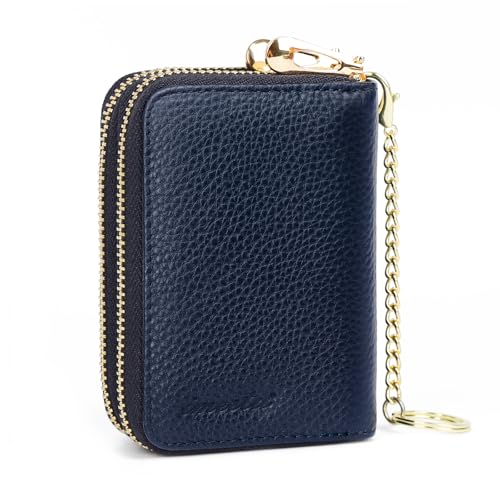 imeetu Rfid Credit Card Holder, Businese Card Case, Wallet for Women Men | Genuine Leather Card Wallet with id Window, Keychain & Double Zipper, Water-resistan Small Wallet with Gift Box, Daily Travel - color: Max - Dark Blue