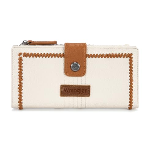 Montana West X Wrangler Womens Wallet Large Capacity Long Compact | Women's Wallets Card Cases & Money Organizers Compact Bifold Wallet for Ladies Female with Zipper Pocket - color: Bifold-Contrast Beige Brown